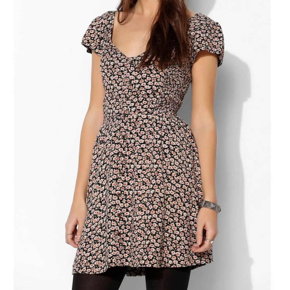 Kimchi Blue Betty Smocked Fit n' Flare Black and Pink Floral Mini Dress